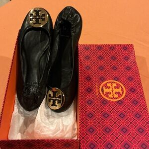 Tory Burch Black Flats with Gold Logo